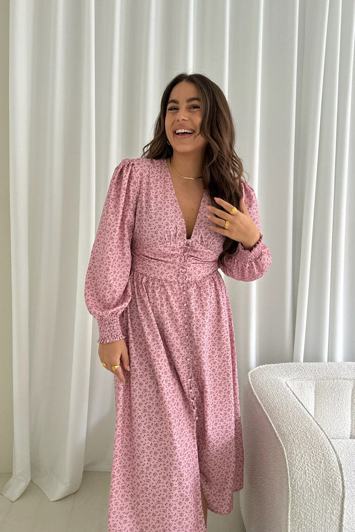 Forudbestilling - BYIC - Adelic Long Dress - pfsp Pink Flower Stem Print Kjoler