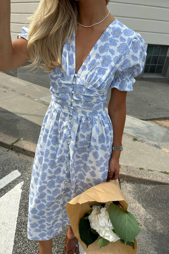 Forudbestilling - BYIC - Adelic Long Ss Dress - bdf Blue Dazzling Flower Kjoler