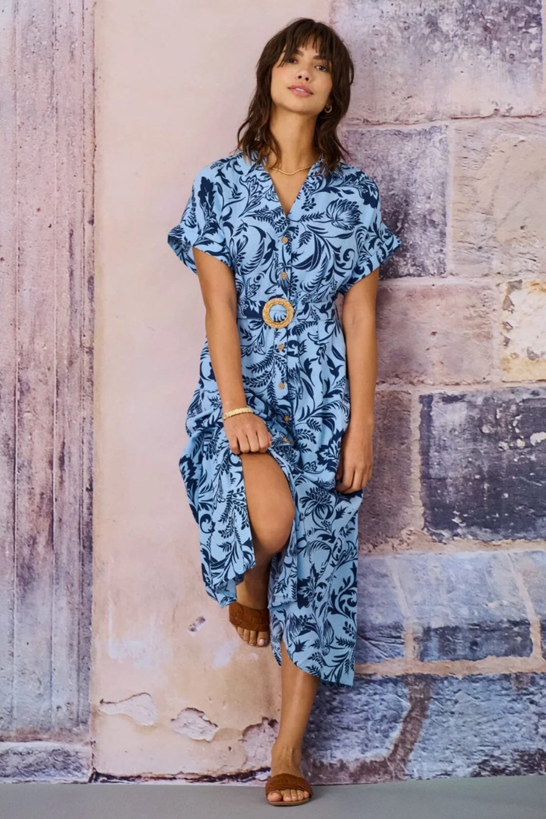 Forudbestilling - Only - Onljakiri Linen Ss Midi Shirt Dress - 4868064 Cerulean Noos Graphic Garden Skjorter