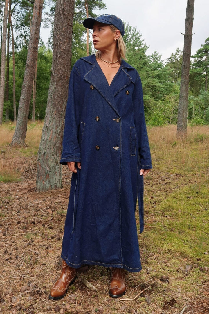 Forudbestilling - Pieces - Pcfreya Ls Long Denim Trenchcoat Fsy - 4748683 Dark Blue Denim Frakker