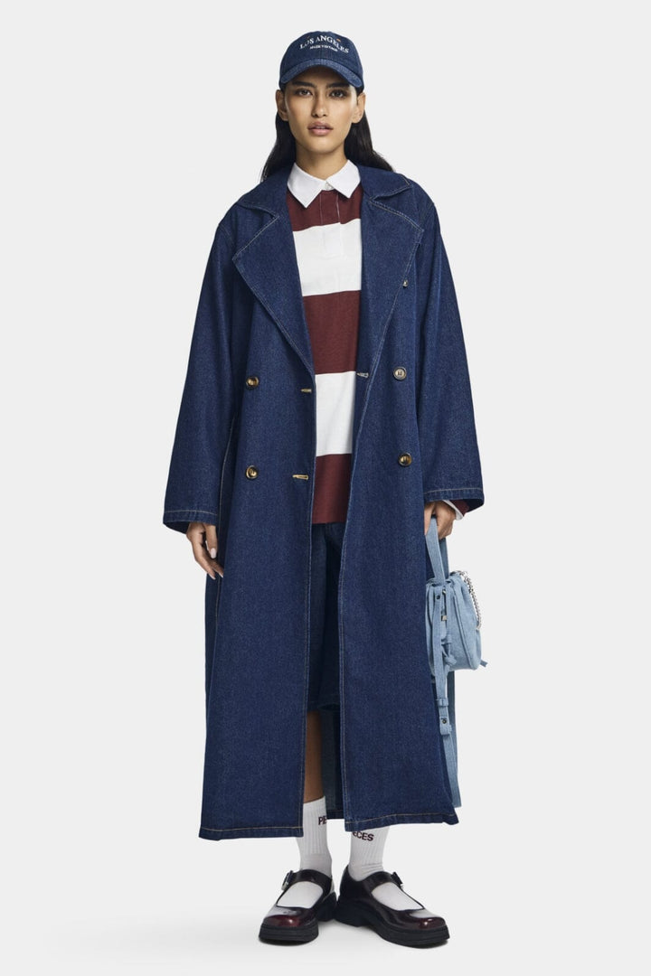 Forudbestilling - Pieces - Pcfreya Ls Long Denim Trenchcoat Fsy - 4748683 Dark Blue Denim Frakker