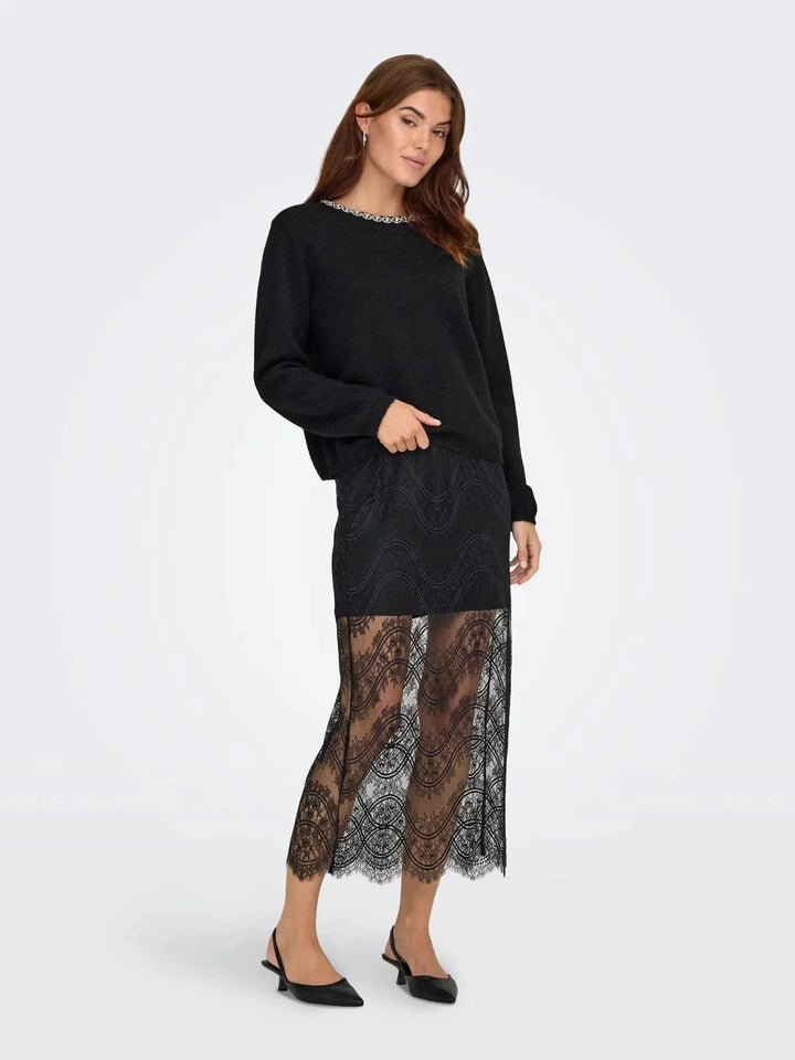 JDY - Jdyalva Life L/S Embellish Pullover Knt - 4907581 Black Silver Embellishment Strikbluser