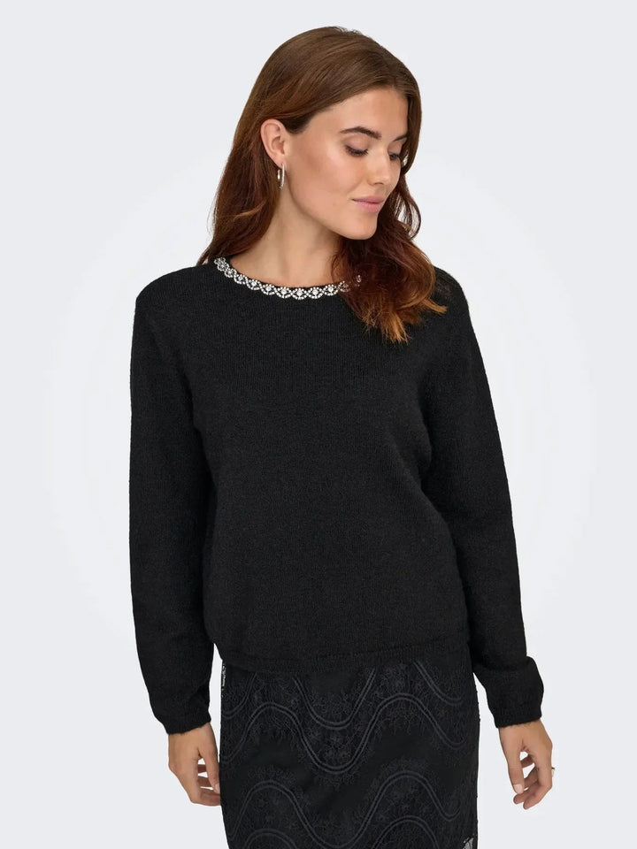 JDY - Jdyalva Life L/S Embellish Pullover Knt - 4907581 Black Silver Embellishment Strikbluser