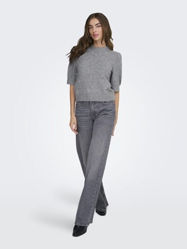 JDY - Jdyrue Life 2/4 Pearl Pullover Knt - 4926205 Medium Grey Melange W. White Pearls Strikbluser