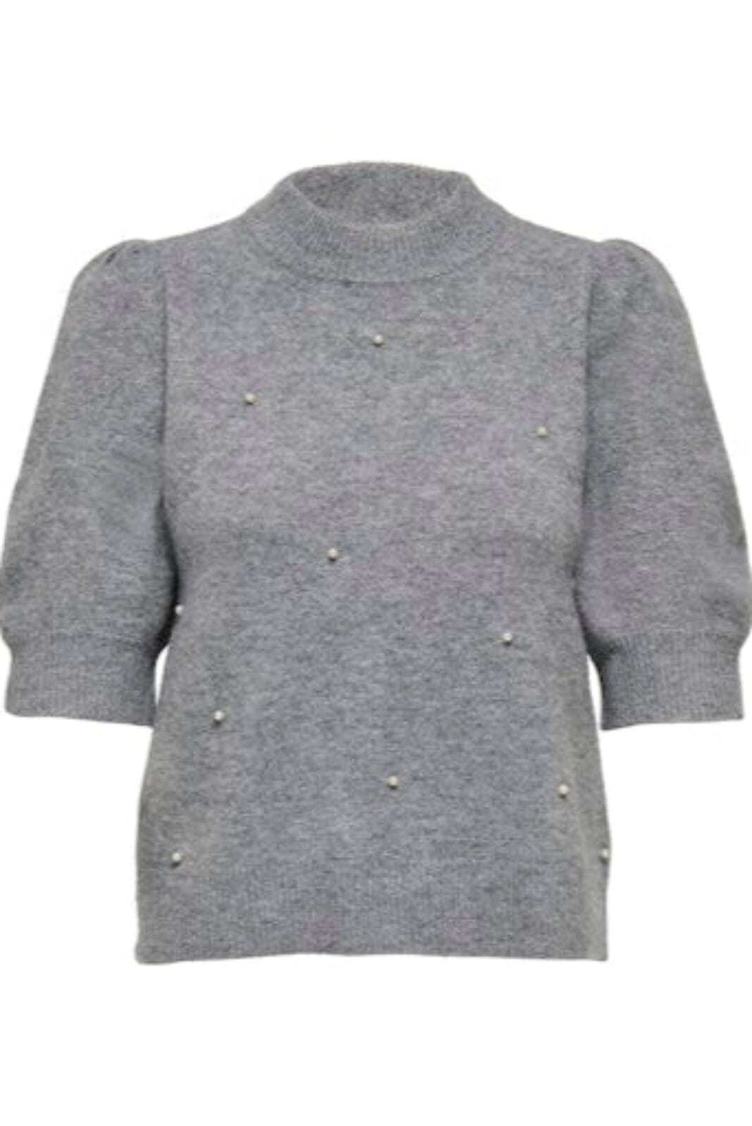 JDY - Jdyrue Life 2/4 Pearl Pullover Knt - 4926205 Medium Grey Melange W. White Pearls Strikbluser