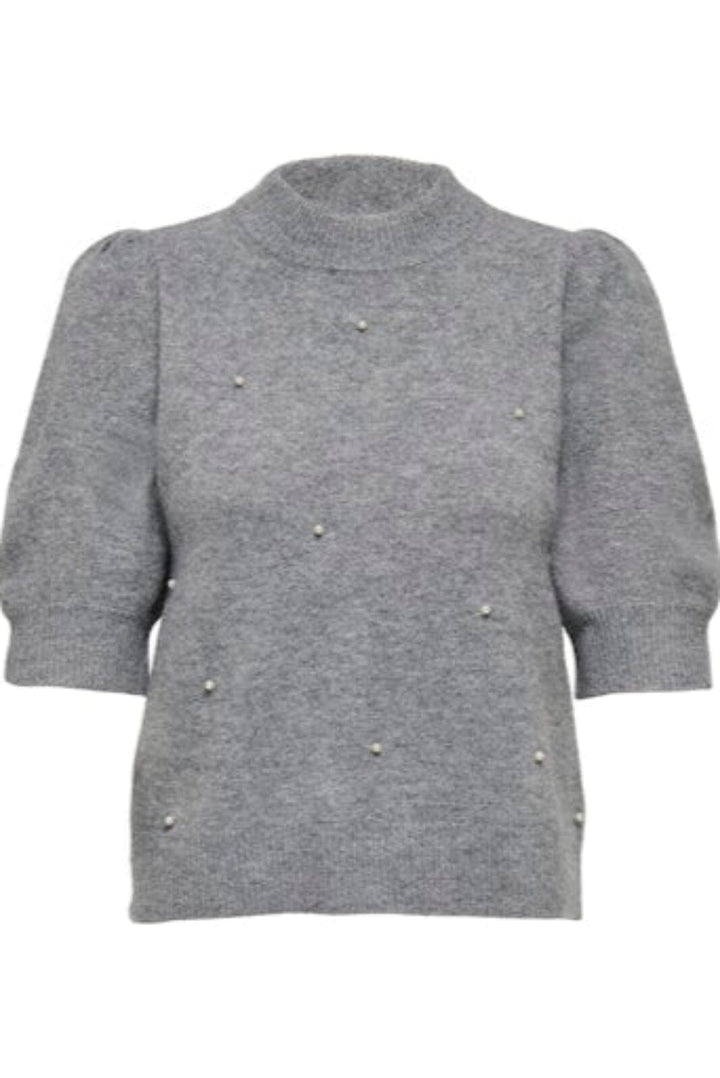 JDY - Jdyrue Life 2/4 Pearl Pullover Knt - 4926205 Medium Grey Melange W. White Pearls Strikbluser