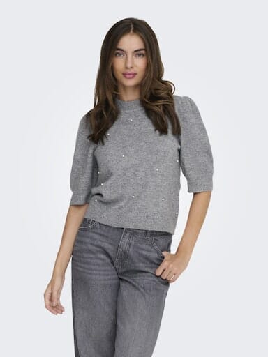 JDY - Jdyrue Life 2/4 Pearl Pullover Knt - 4926205 Medium Grey Melange W. White Pearls Strikbluser