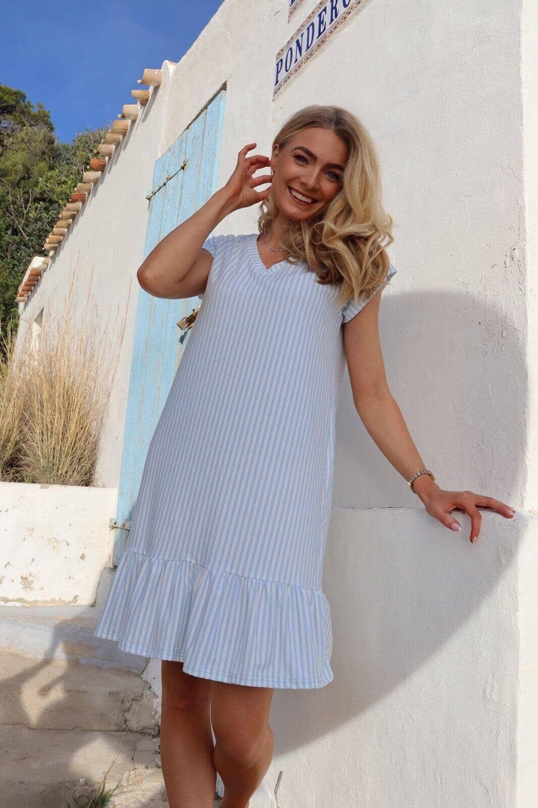 blue and white t shirt dress Liberte - Alma-U-Tshirt-Frill-Dress 9593 collections:Socks Three Outfits, One Dress Color:Baby Blue