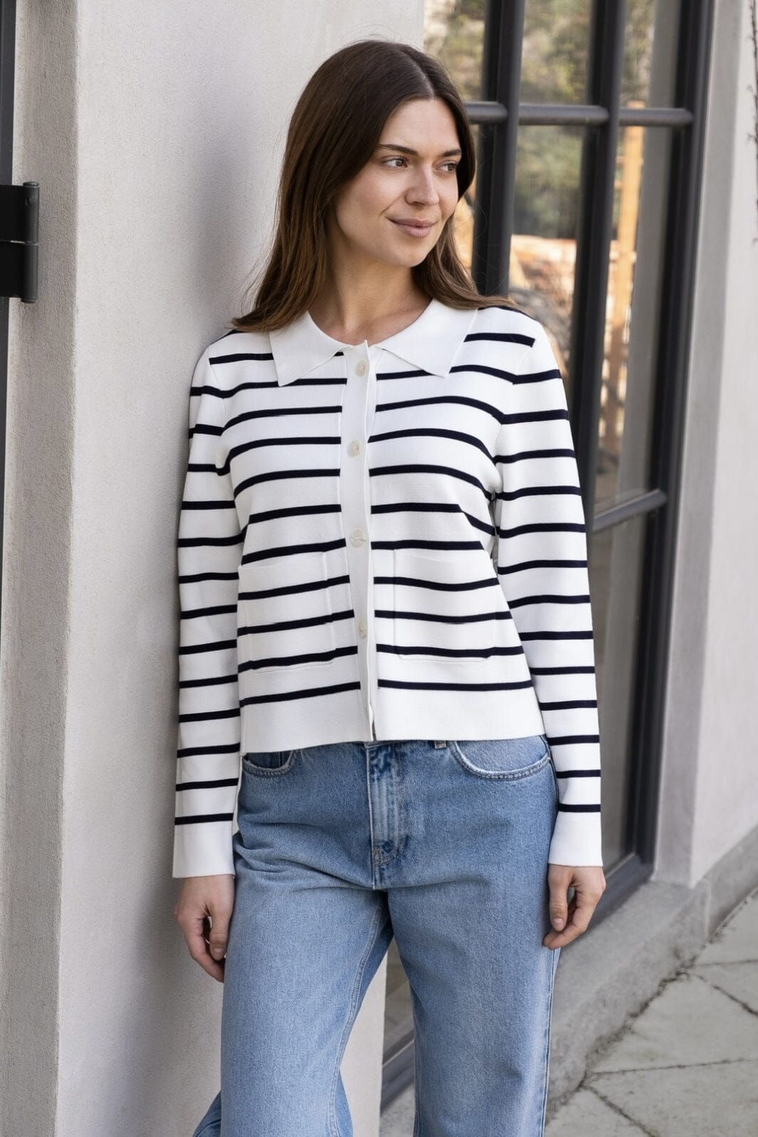 Neo Noir - Tippi Knit Stripe Cardigan - White/Navy Cardigans