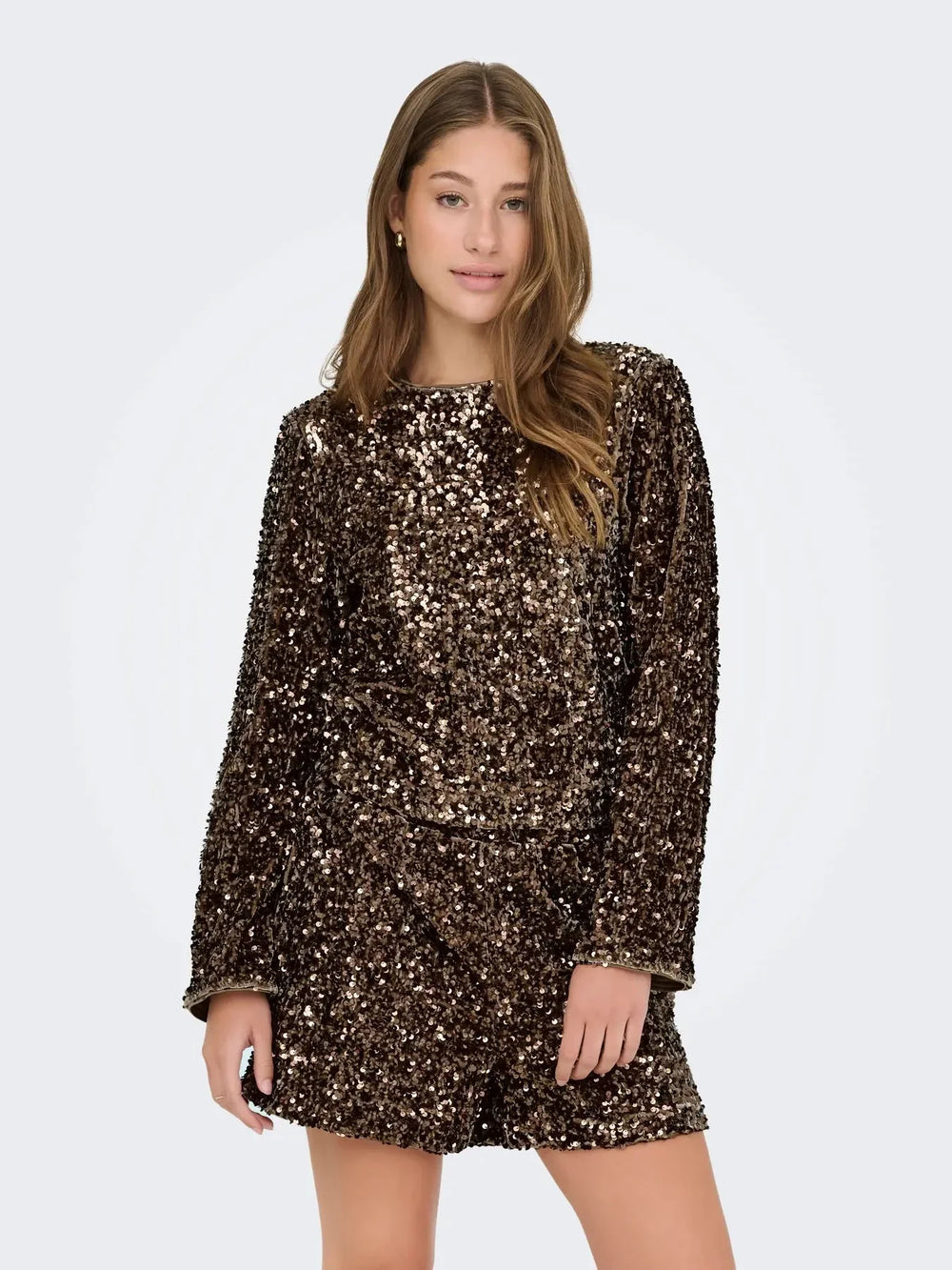 Only - Onlconfidence L/S Sequin Bow Top - 4877640 Mountain Trail Mountain Trail Sequins+Mountain Trail Bow Bluser