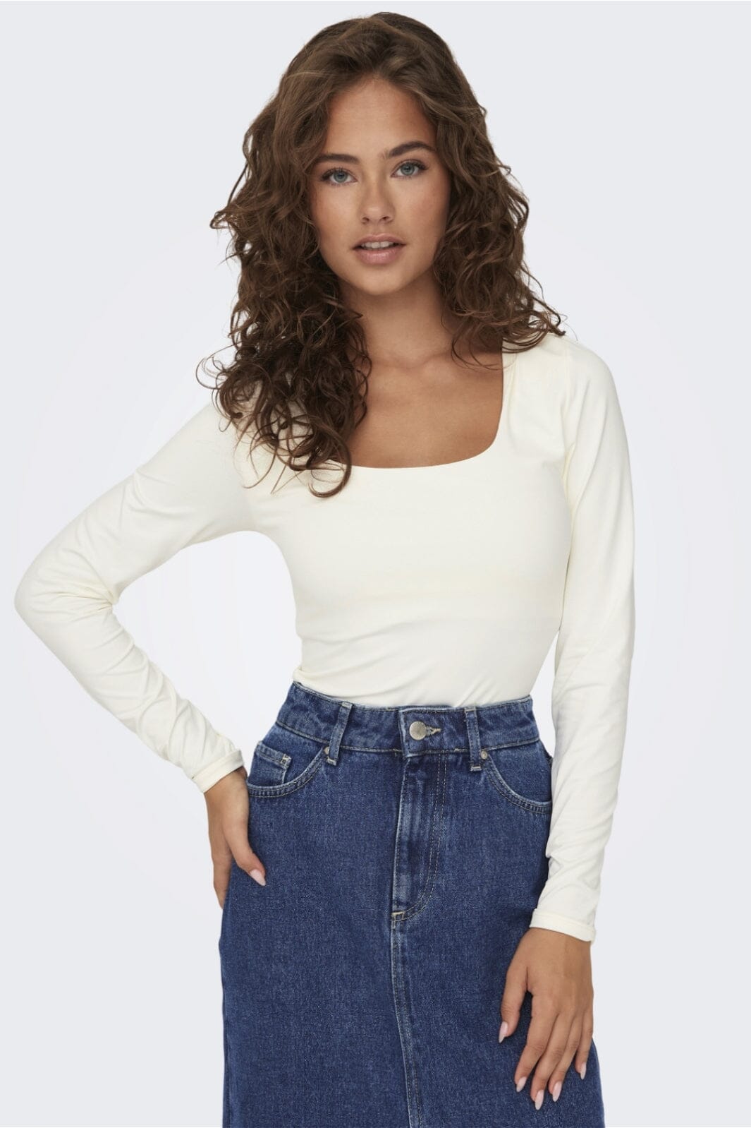 Only - Onlea L/S 2-Way Deep Neck Top - 4372228 Cloud Dancer Bluser