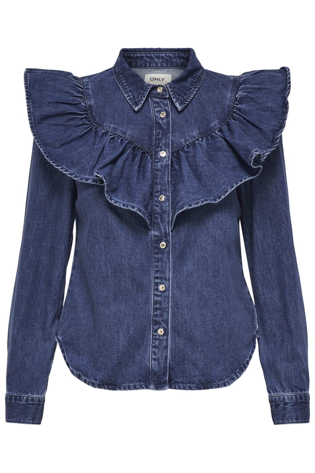 Only - Onlindigo Ls Frill Shirt Qyt - 4287142 Dark Blue Denim Skjorter