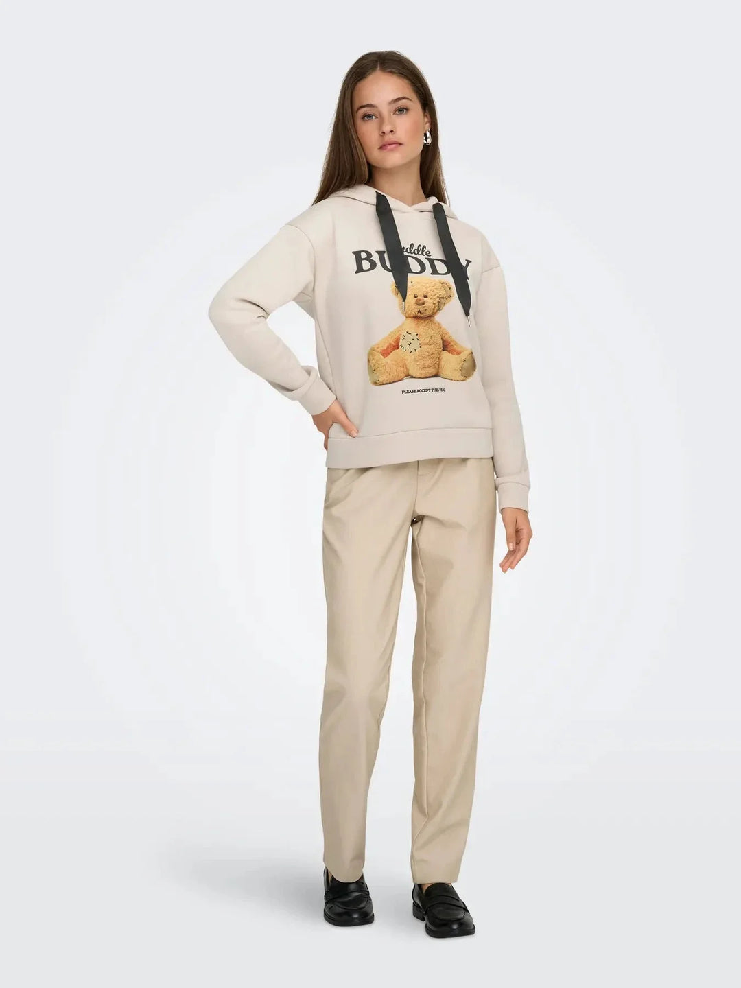 Only - Onlricky L/S Hood Box Swt - 4924854 Pumice Stone Buddy + Black Sateen Strings Sweatshirts