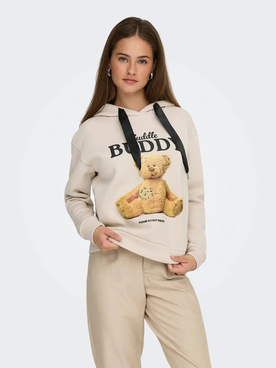 Only - Onlricky L/S Hood Box Swt - 4924854 Pumice Stone Buddy + Black Sateen Strings Sweatshirts