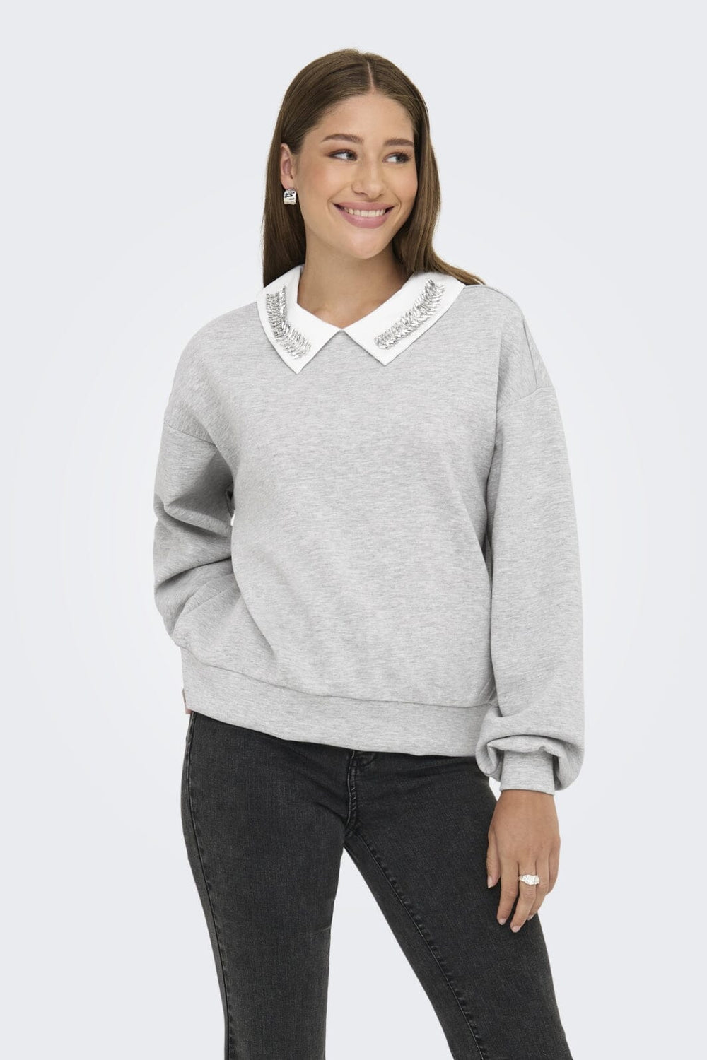 Only - Onlwillow L/S O-Neck Emb. Ub Swt - 4856680 Light Grey Melange Cloud Dancer Woven Sweatshirts