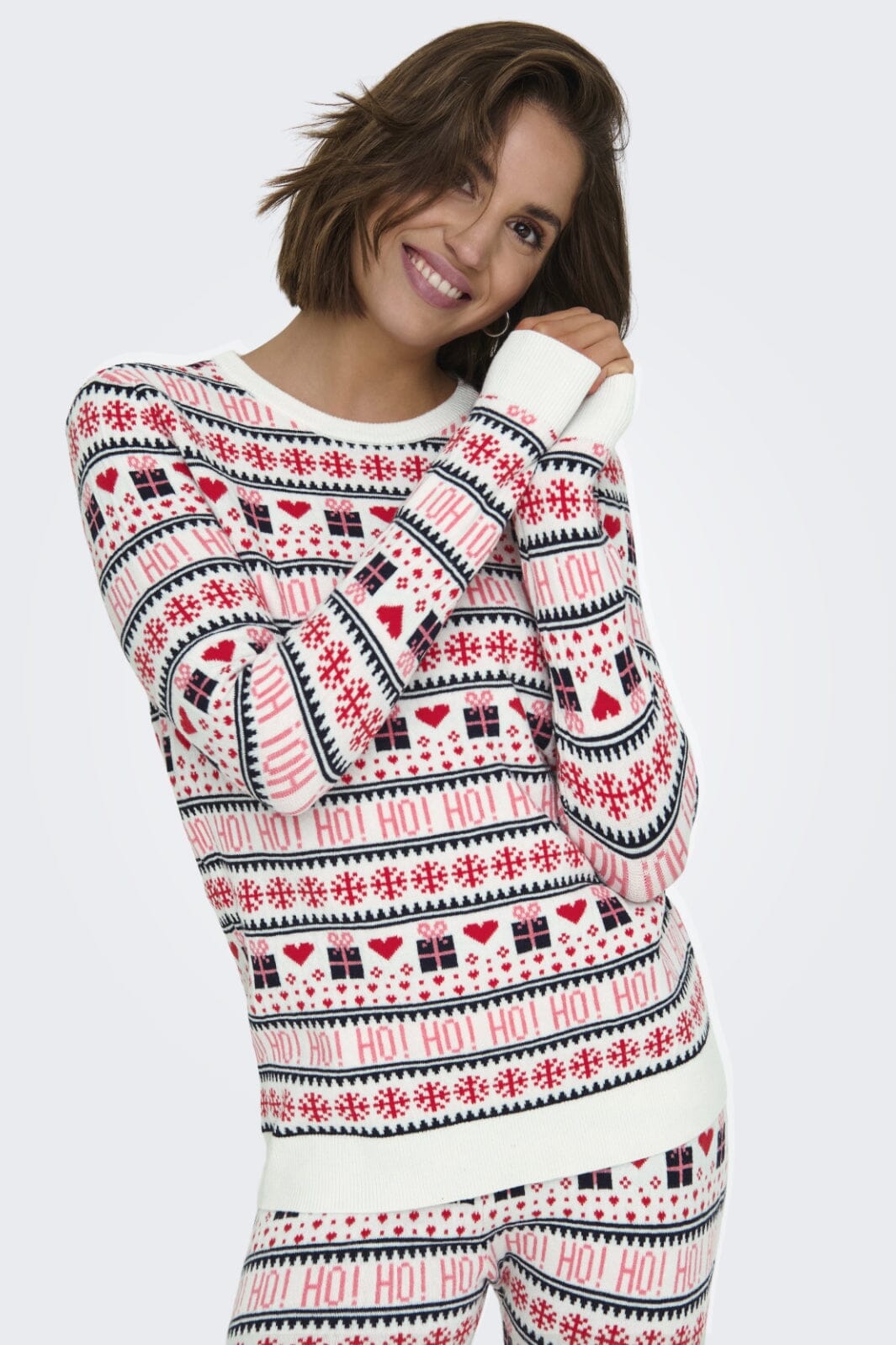 Only - Onlxmas Present Ls O-Neck Knt - 4631335 Cloud Dancer High Risk Red/Night Sky/Bonbon Jul