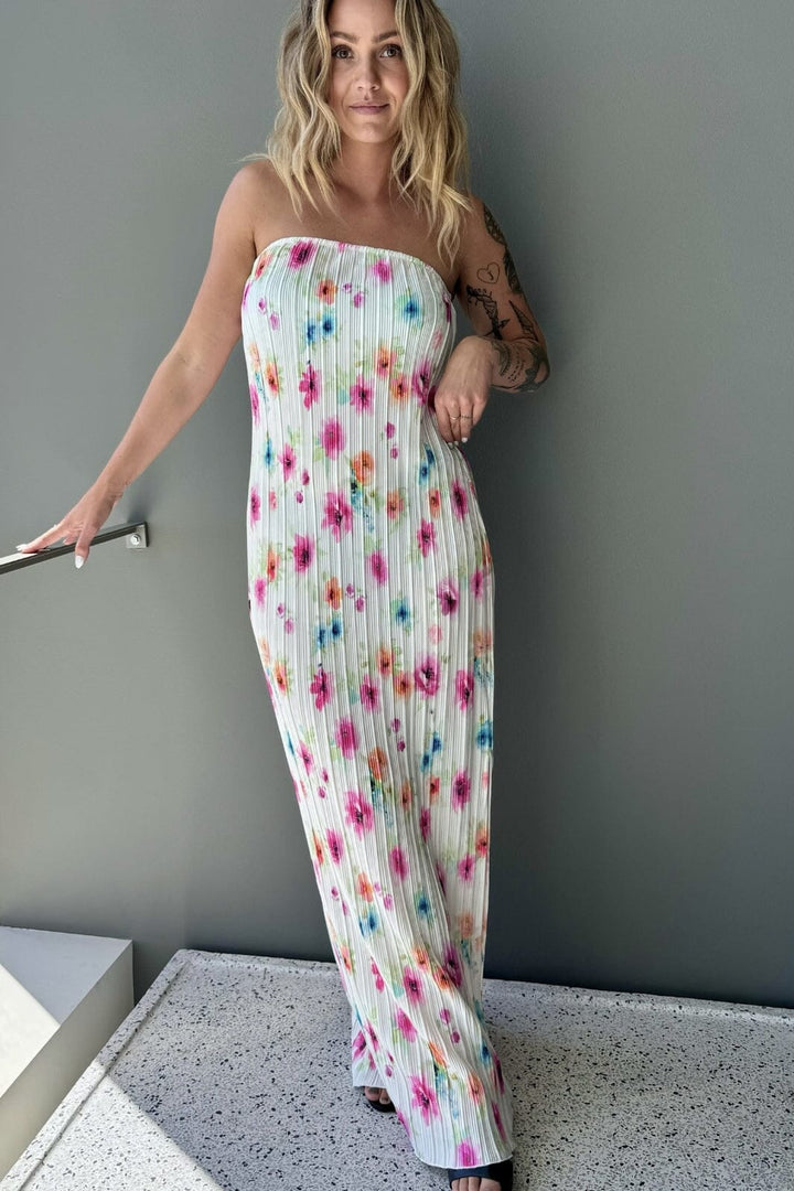 Pieces - Pcamber Maxi Tube Dress Kca - 4842935 Bright White Blurry Flowers Kjoler