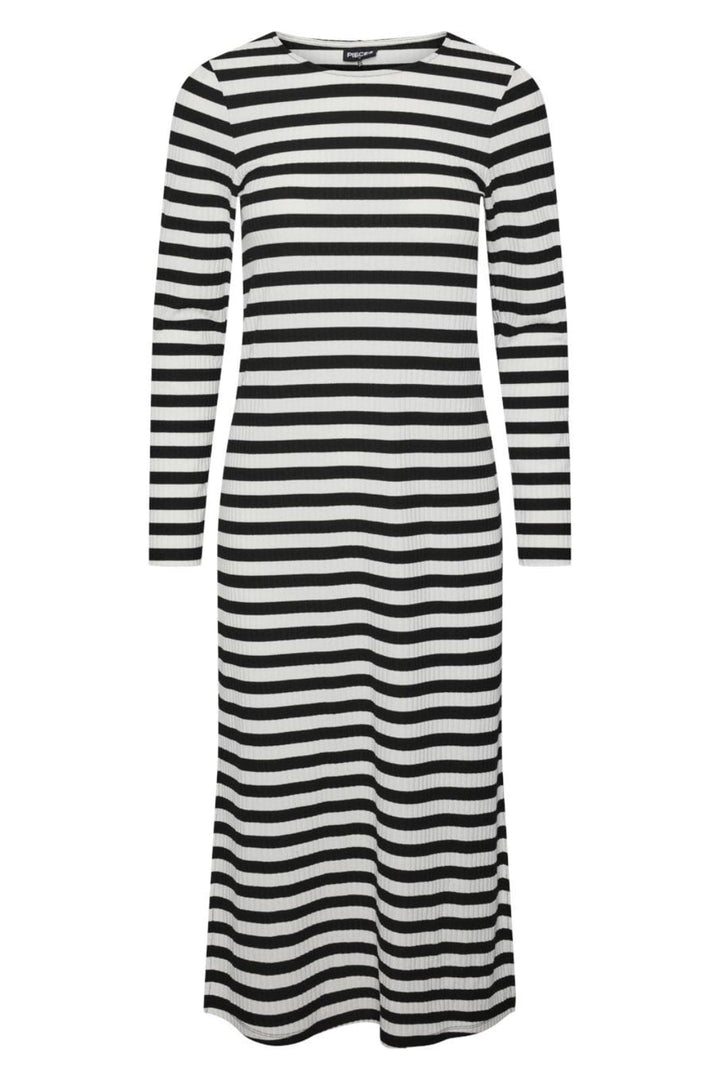 Pieces - Pcfiline Ls O-Neck Midi Dress Kac - 4575844 Black Bright White Kjoler