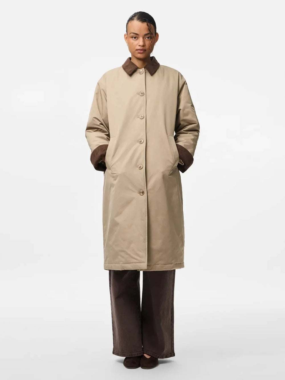 Pieces - Pcjorma Long Corduroy Jacket - 4789178 Greige Hot Fudge Frakker