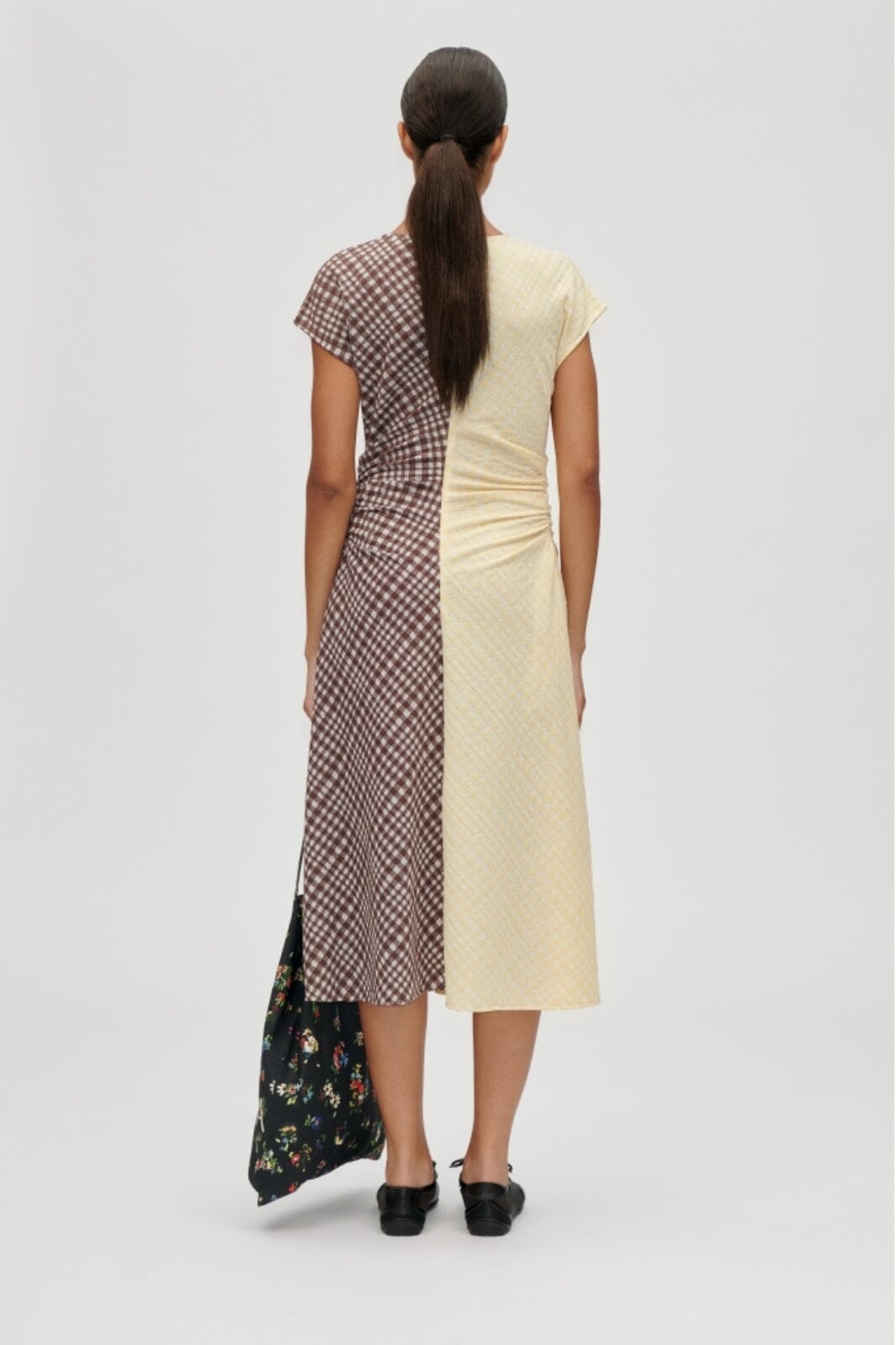 Stine Goya - 2118 Checkered Jersey, Ruched Waist Midi Dresssg-aw25-d156-2118 - Brown And Yellow Checks