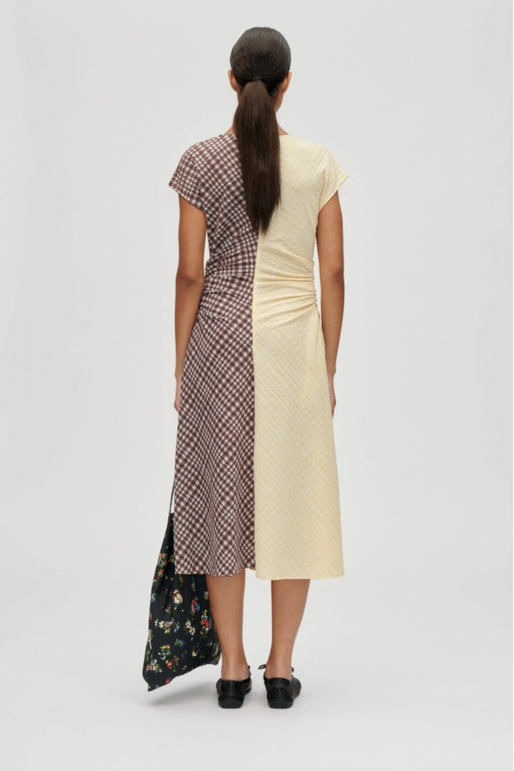 Stine Goya - 2118 Checkered Jersey, Ruched Waist Midi Dresssg-aw25-d156-2118 - Brown And Yellow Checks