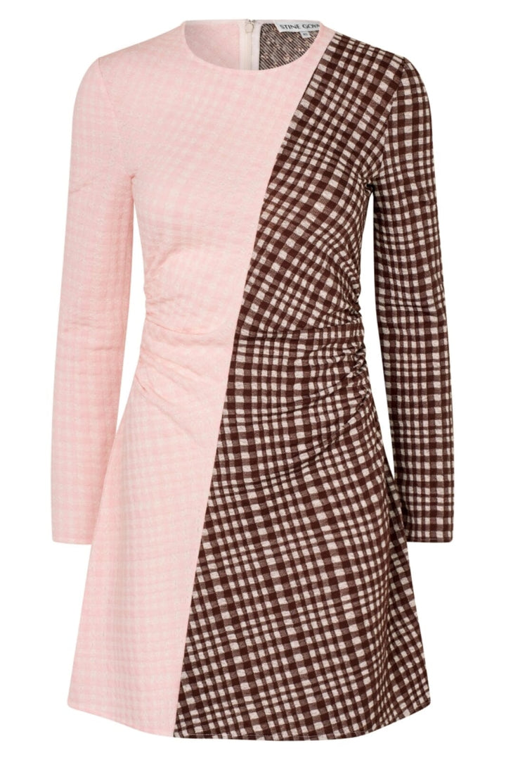 Stine Goya - 2118 Checkered Jersey, Ruched Waist Short Dresssg-aw25-d157-2118 - Brown And Pink Checks