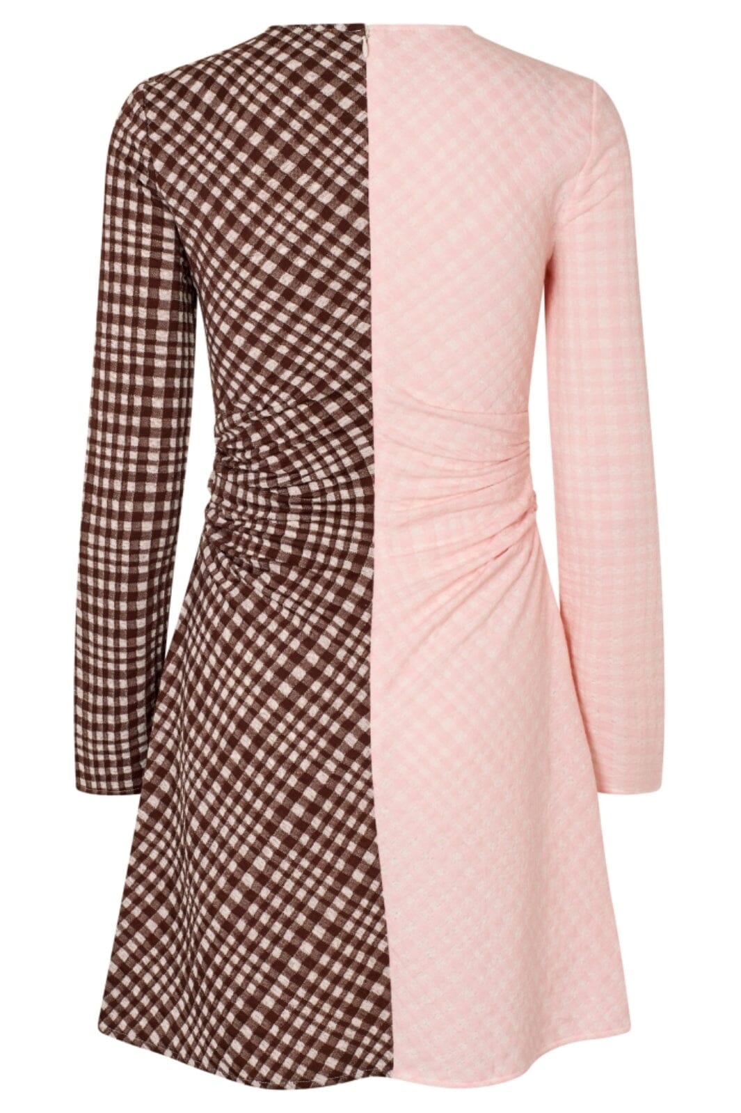 Stine Goya - 2118 Checkered Jersey, Ruched Waist Short Dresssg-aw25-d157-2118 - Brown And Pink Checks