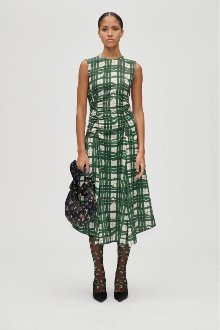 Stine Goya - 2429 Checkered Cady, Sleeveless Gathered Midi Dresssg-aw25-d162-2429 - Checkered Wave