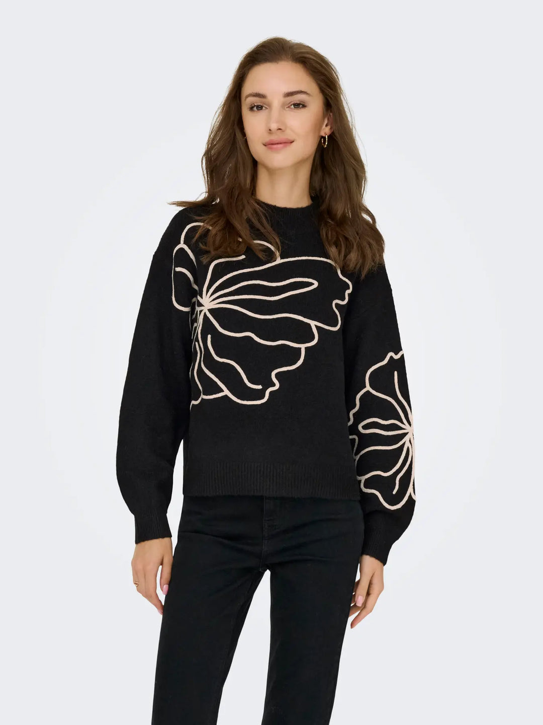 JDY - Jdyjella L/S Flower Pullover Knt - 4907427 Black W. Cement