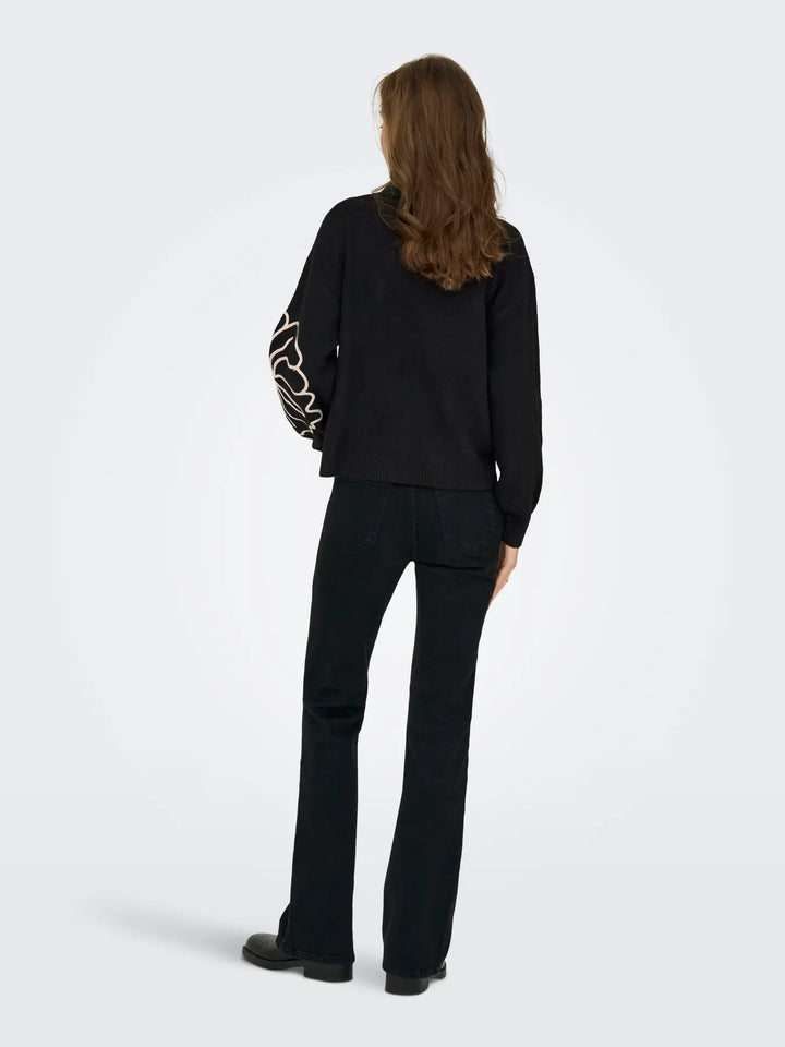 JDY - Jdyjella L/S Flower Pullover Knt - 4907427 Black W. Cement