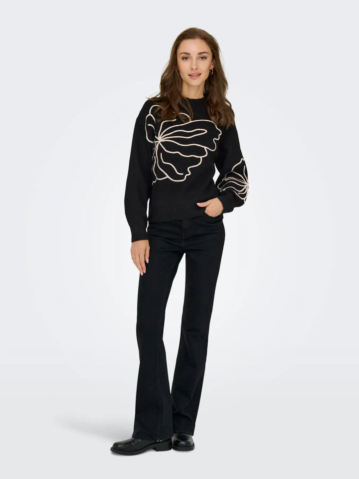 JDY - Jdyjella L/S Flower Pullover Knt - 4907427 Black W. Cement