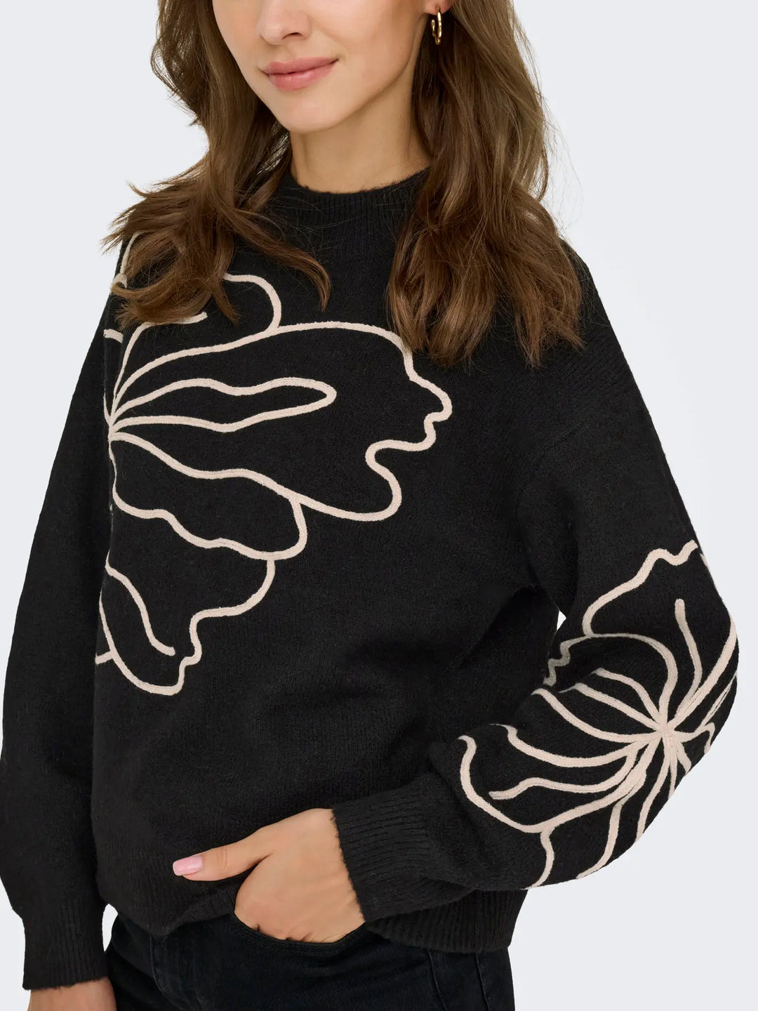 JDY - Jdyjella L/S Flower Pullover Knt - 4907427 Black W. Cement