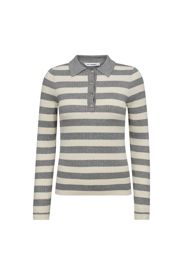Co´Couture - Bonnycc Stripe L/S Polo Knit 42009 - 138 - Light Grey