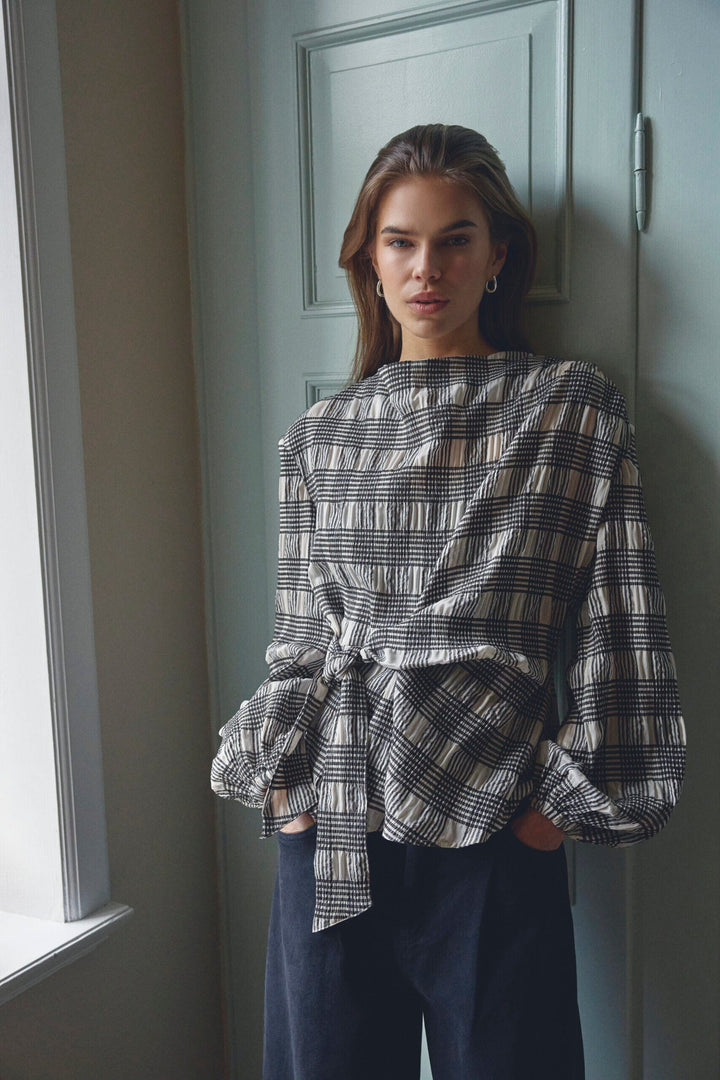 Co´Couture - Chandlercc Check Tie Blouse 500380 - 10006 - Bone Bluser 