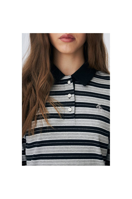 Cras - Leslie Polo Blouse C570 - 8136 Grey Black Stripe