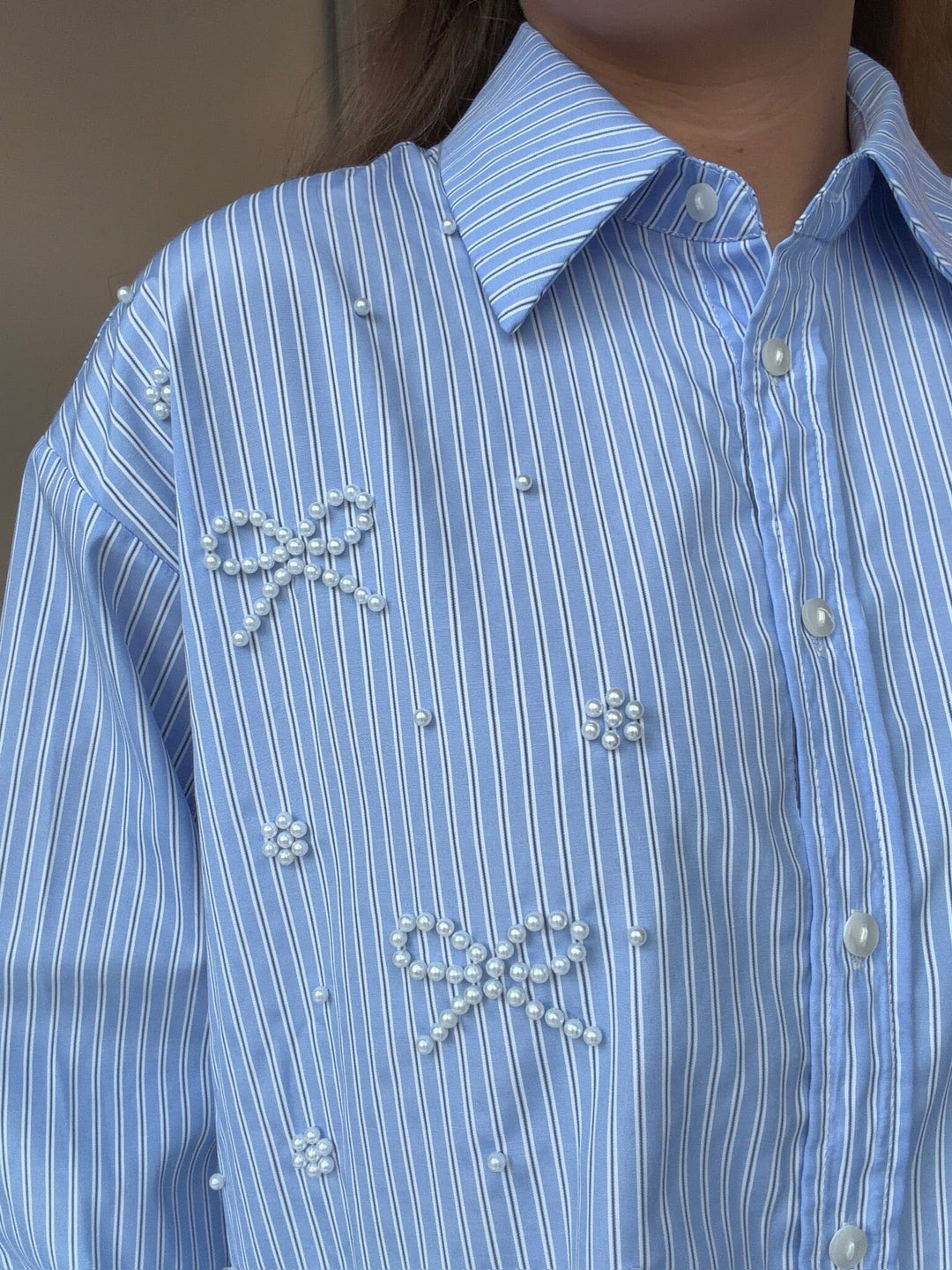 Dear Molly - Pearl Bow Shirt 160786C - Blue W.black Strip Bluser 