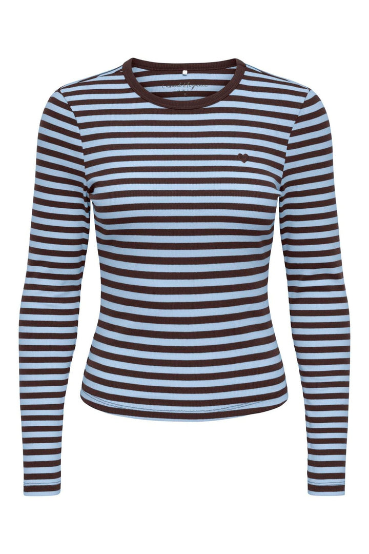 Only - Onlval L/S O-Neck Stripe Top - 5155543 Coffee Bean Cashmereblue (Mette) + Emb. Heart