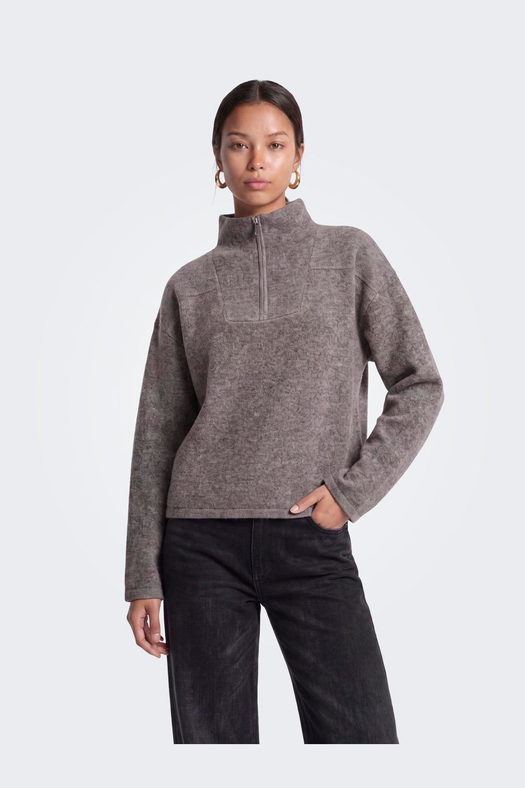Only - Onlclara Ls Half Zip Knt - 5062024 Bracken Melange/Silver Zip