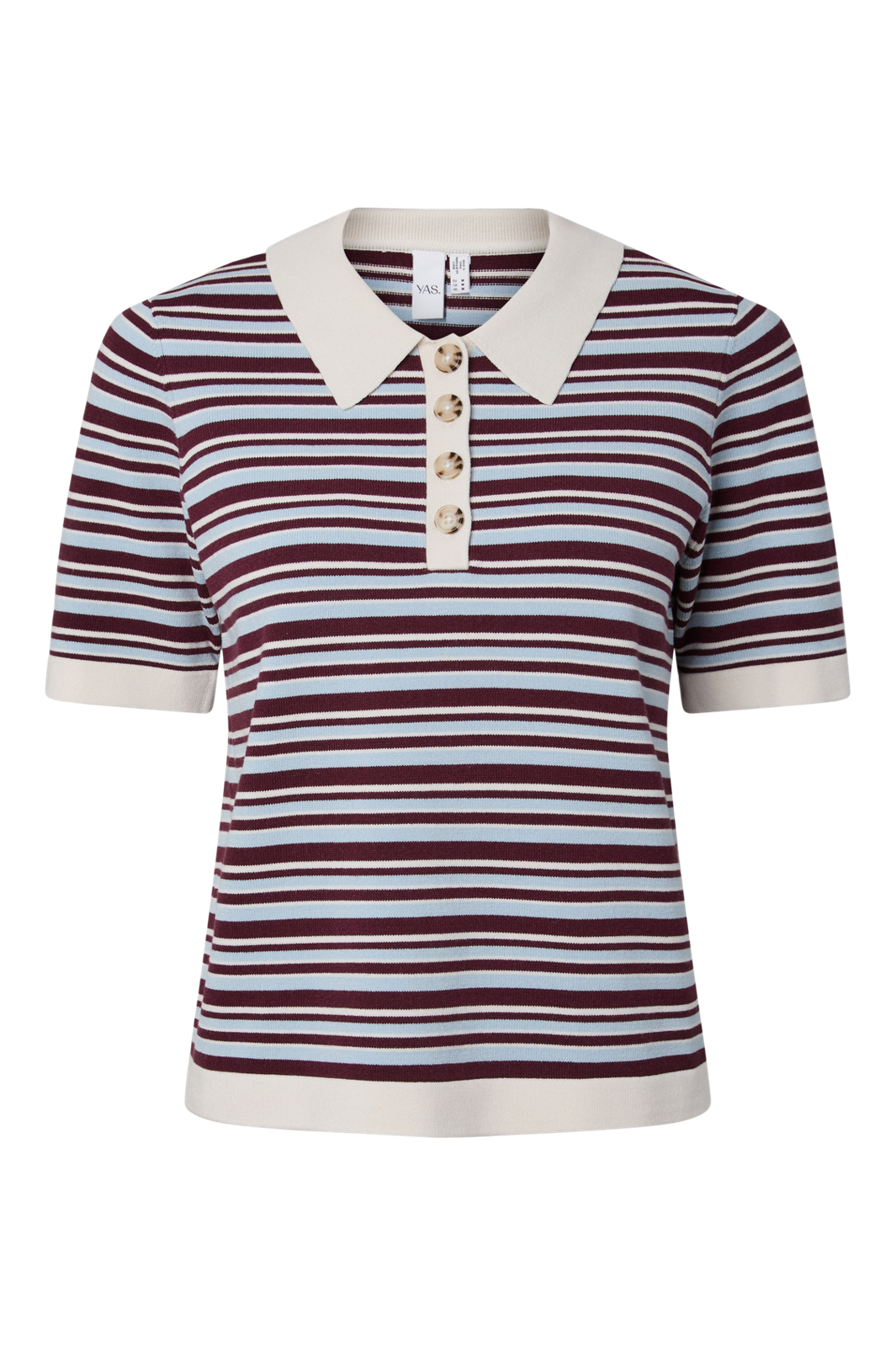 YAS - Yasbelle Ss Polo Knit Pullover - 5115833 Birch Burgundy/Blue Stripe
