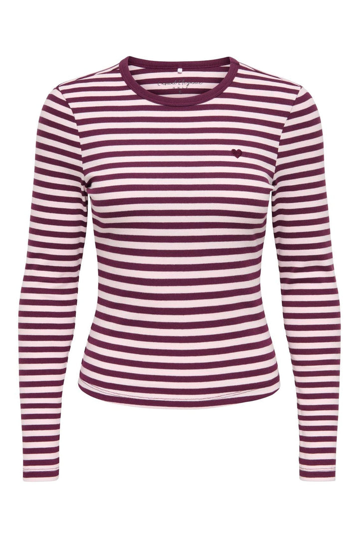 Only - Onlval L/S O-Neck Stripe Top - 5084119 Fig Pale Lilac (Mette) + Emb. Heart