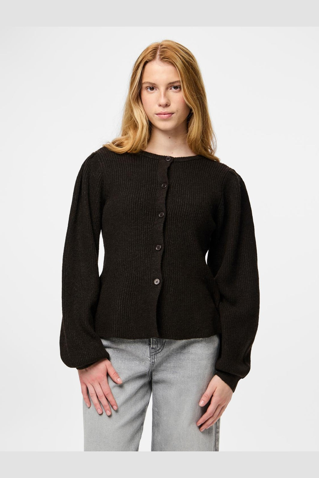 Pieces - Pcsilly Ls Puff Knit Cardigan - 5102717 Hot Fudge Melange