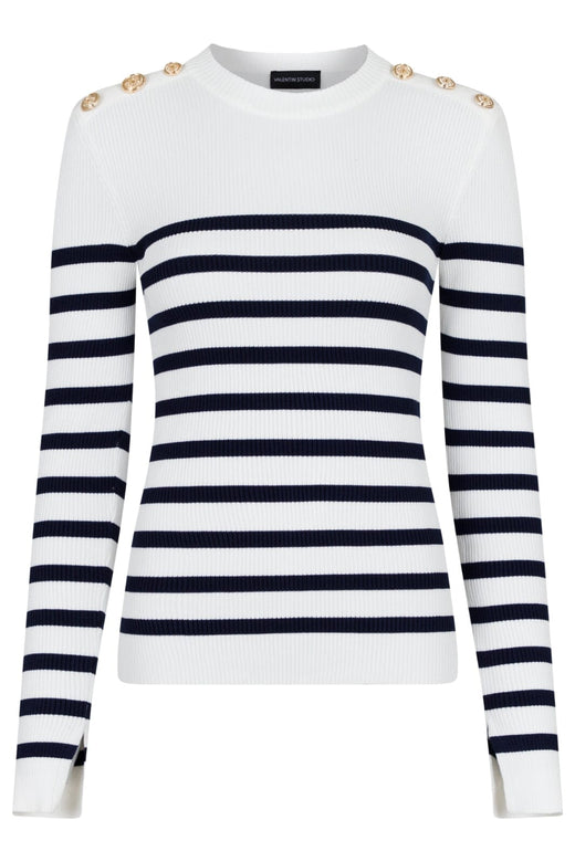Forudbestilling - Valentin Studio - Gold Button Knit Blouse - Navy Stripe (Juni) Bluser 