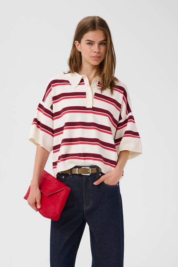 Gestuz - Gztaia Ss Polo Pullover 10910933 - 109194 - Egret/Cabernet/Poinsettia Strikbluser 