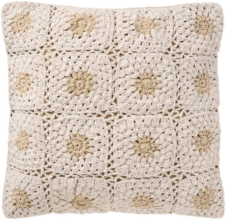 Ib Laursen - Pudebetræk hæklet creme m/naturfarvede blomster, bagside i naturfarvet lærred - 100% bomuld - 6190-30