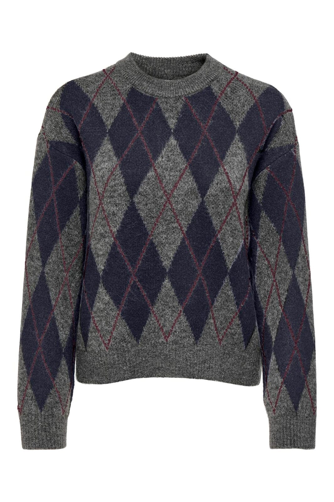 JDY - Jdybianka L/S Argyle Pullover Knt - 5147301 Medium Grey Melange Argyle Night Sky/ Winetasting