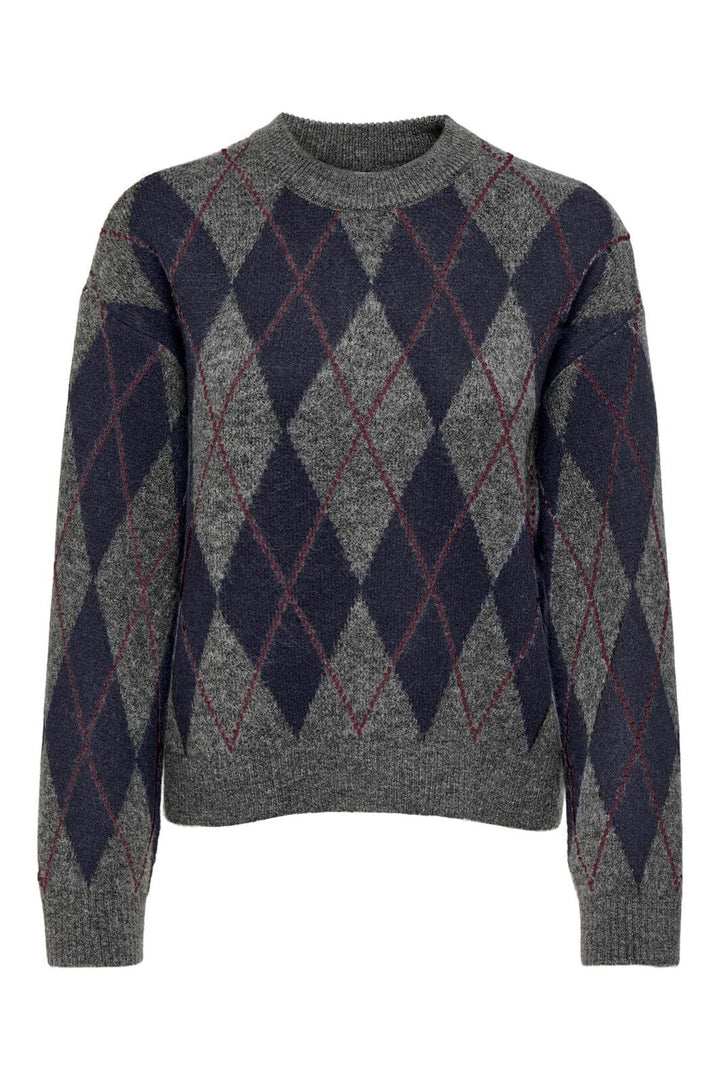 JDY - Jdybianka L/S Argyle Pullover Knt - 5147301 Medium Grey Melange Argyle Night Sky/ Winetasting