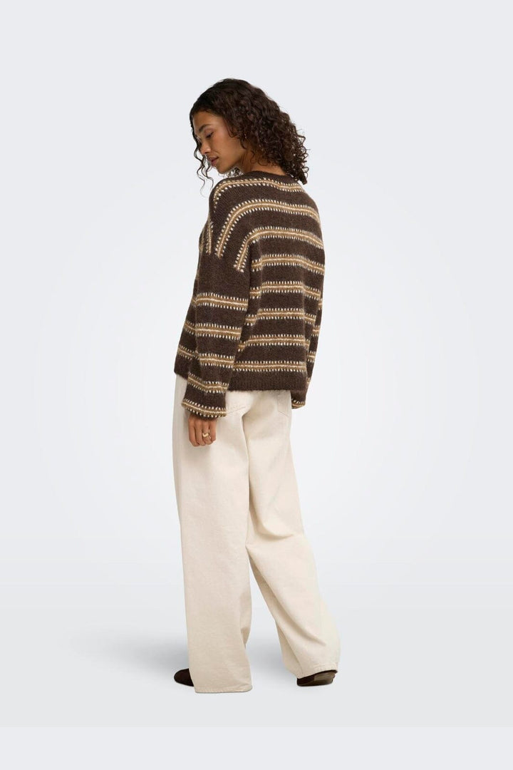 JDY - Jdydina L/S O-Neck Stripe Pullover Knt - 5111615 Chocolate Torte Bison & Cloud Dancer