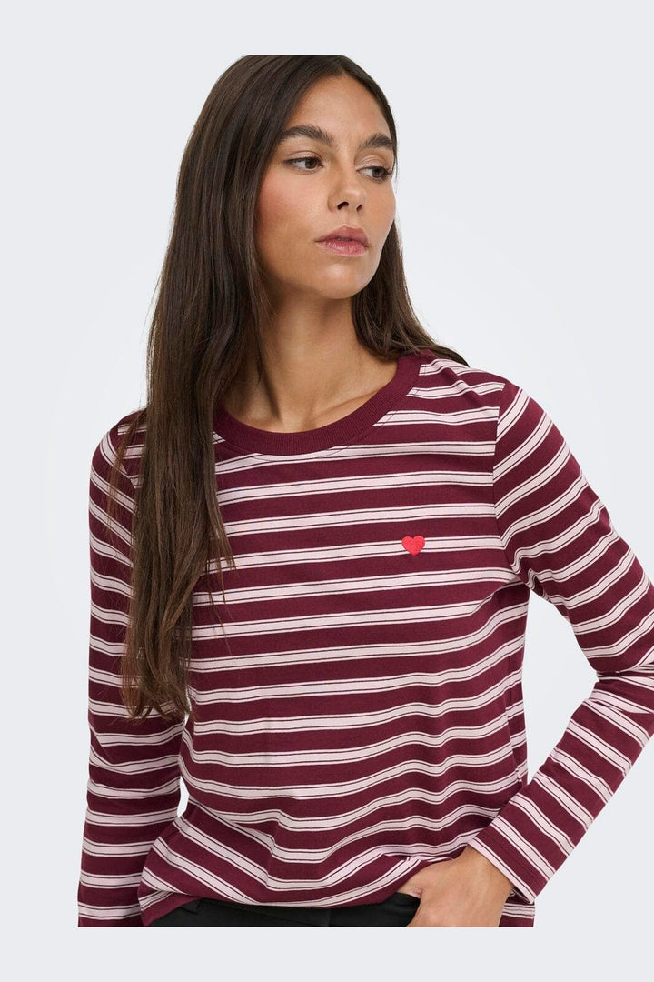 JDY - Jdypisa L/S Print Top - 5212487 Windsor Wine Chelsea Stripe + Bs Heart
