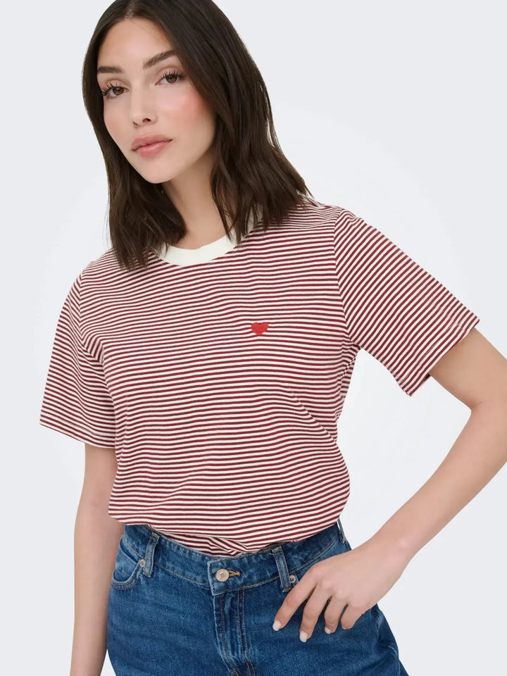 JDY - Jdypisa S/S Print Top - 4984885 Cloud Dancer Rhubarb Stripes And Bs Heart T-shirts 