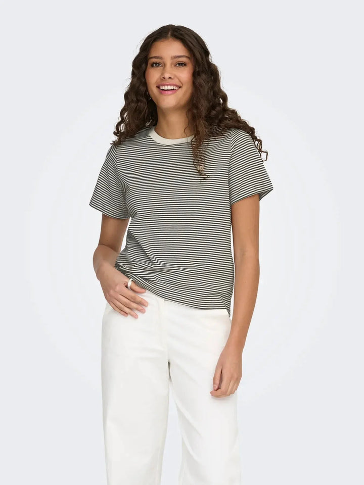 JDY - Jdypisa S/S Print Top - 4984887 Cloud Dancer Chicory Coffee Stripes And Pink Dogwood Heart T-shirts 